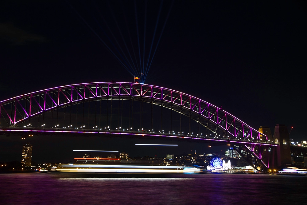 neon lights on sydney harbour bridge at vivid ligh 2025 02 09 23 19 42 utc